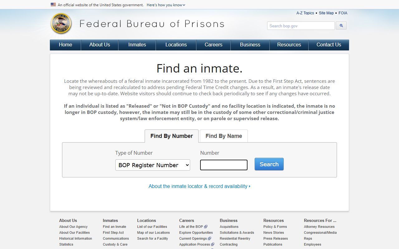 Federal Bureau of Prisons inmate locator used for federal custody outside the McDonough County jail population