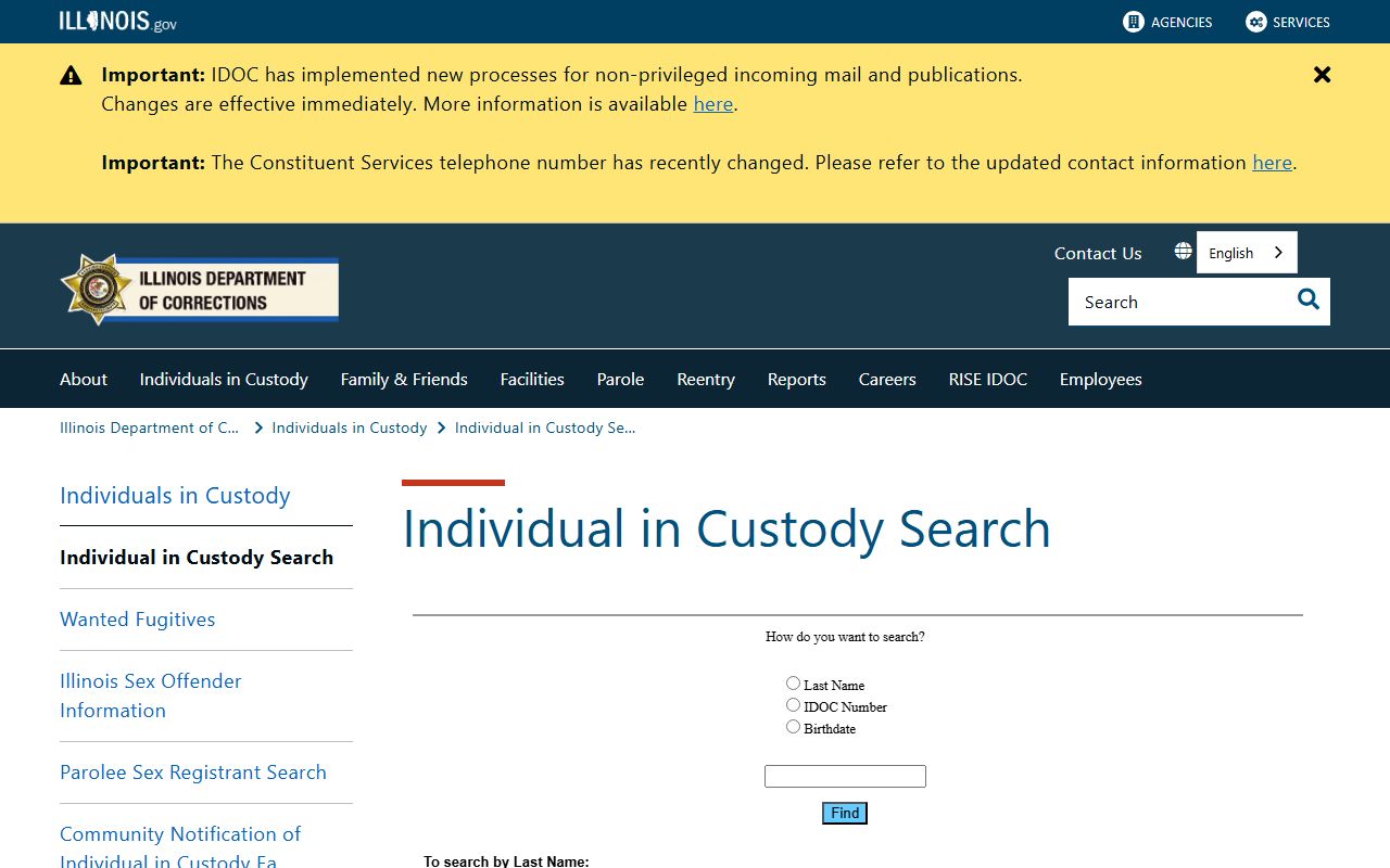 IDOC statewide inmate search page used to look up the McDonough County state prison inmate population