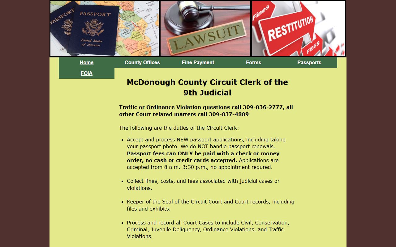 McDonough County Circuit Clerk page with court record duties and Judici links