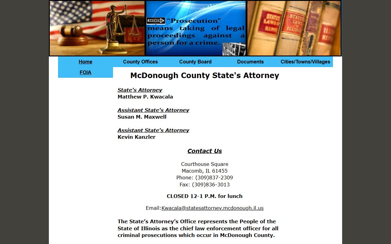 McDonough County State's Attorney page showing the prosecutor who files charges after an arrest