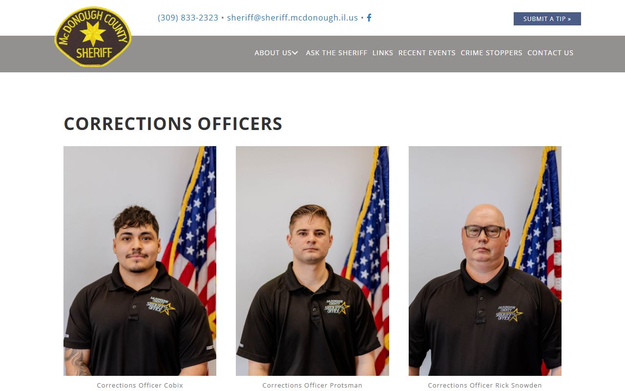 McDonough County Jail corrections staff page listing the jail administrator and officers