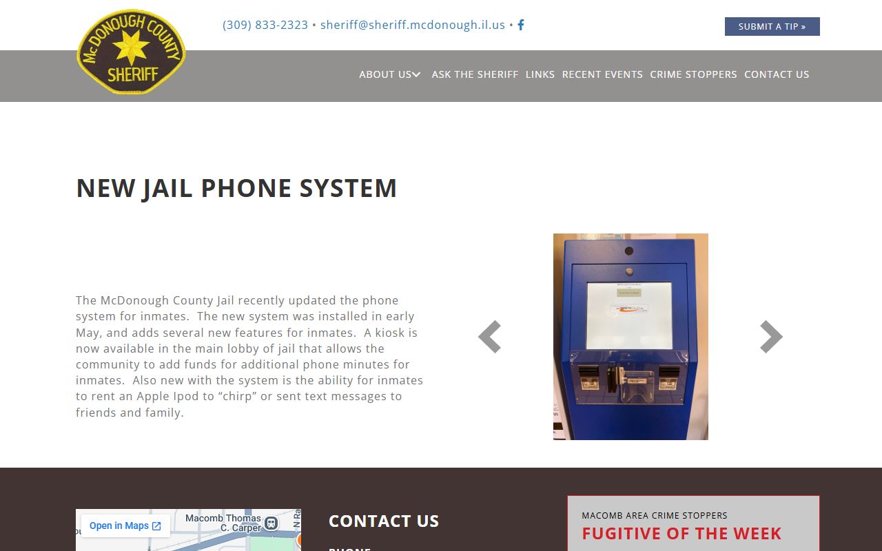 McDonough County Jail phone system page describing the lobby kiosk for inmate phone funds