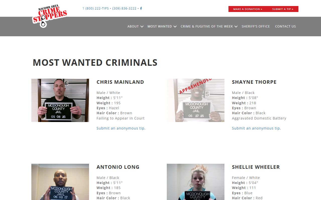 McDonough County Sheriff Most Wanted page with photos, which are not jail booking mugshots
